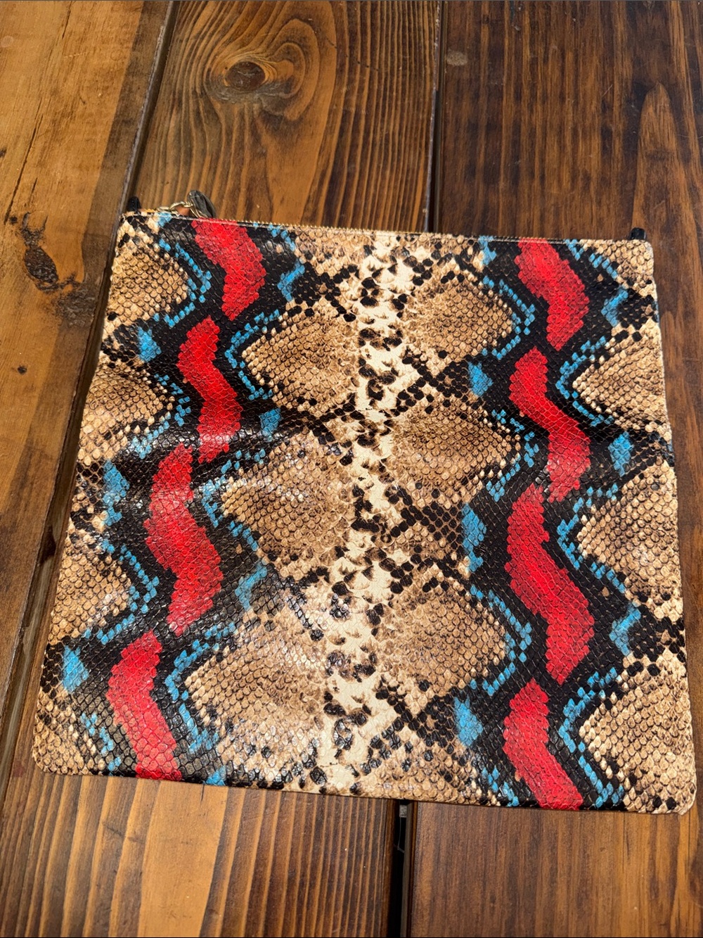 Clare V Snake-Print Foldover Clutch Wallet in Red, Blue and Tan. Like new. - Picture 4 of 6